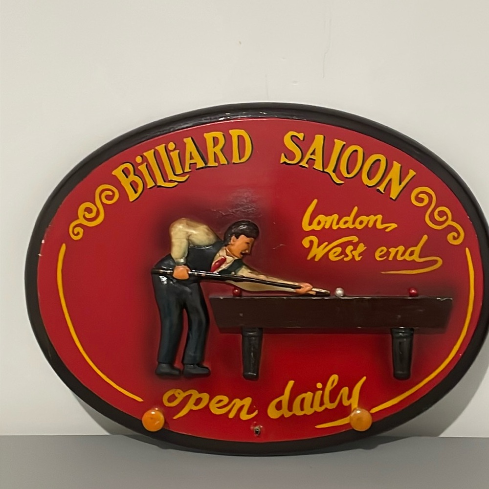 Billiard Saloon Wood Bar Sign With Hooks AS IS Home Cabin Decor Pool Table